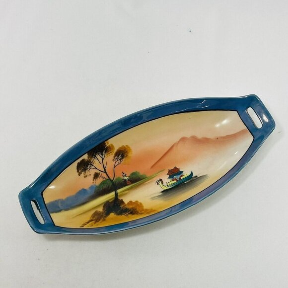 Vintage Chikaramachi Japan Oval Tray Sushi Serving Boat Lusterware Plate Bowl - Picture 1 of 12